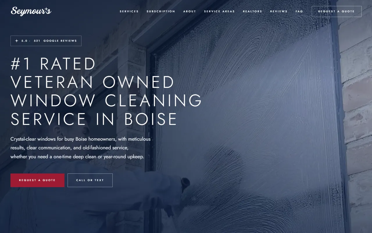 Seymour's Window Washing home page: #1 rated veteran owned window cleaning service in Boise.